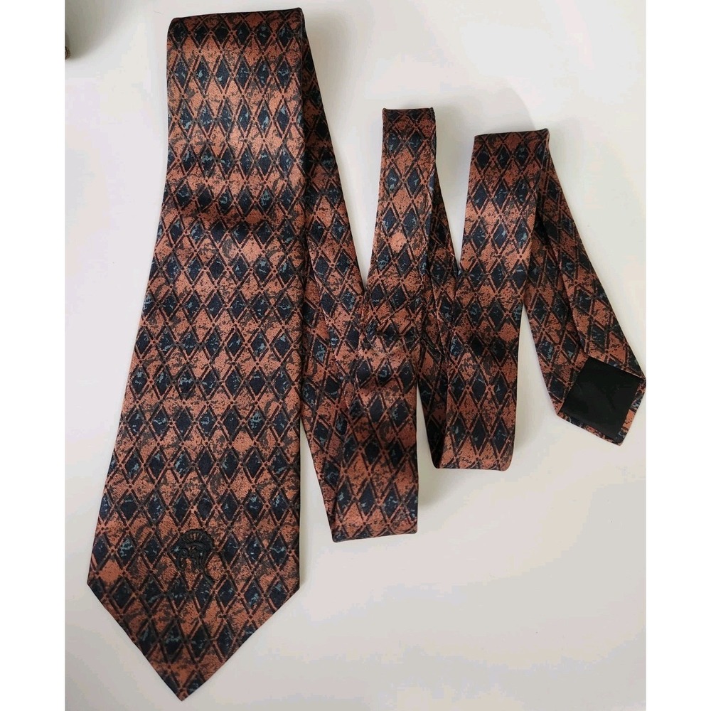 Vintage Countess Mara Silk Tie Geometric Diamond Pattern USA Made Copper & Blue